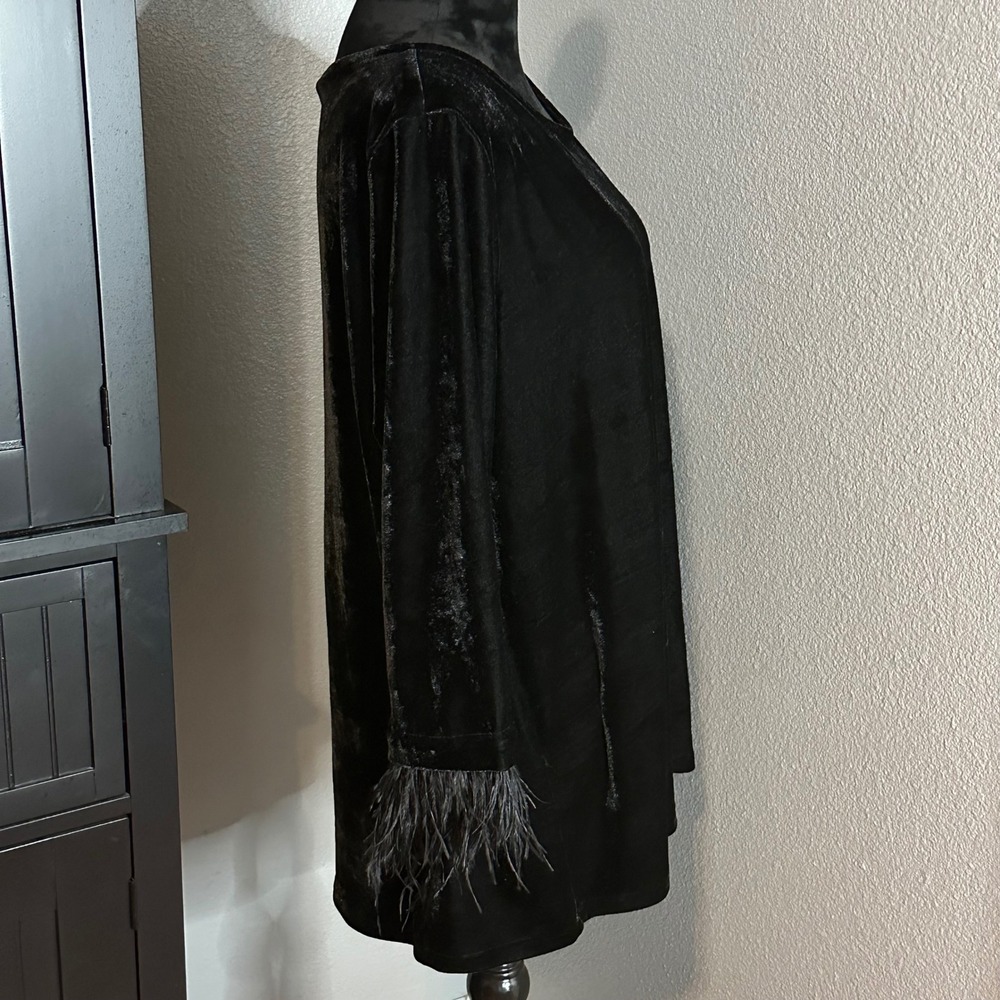 Rafaella Black Velvet Feather Trim‎ Long Sleeve Top XL Quiet Luxury Old Money - Picture 5 of 8